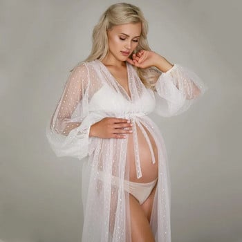 Polka Tulle Maternity Photography Props Μακρύ φόρεμα See Through Lantern Sleeve Φορέματα φωτογραφιών για έγκυο γυναίκα Ζακέτα