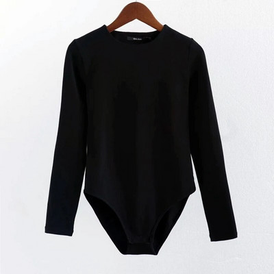 Šliaužtinukai Moteriški kombinezonai su bikini apačia su snapeliu užsegimais, tamprūs, ploni, ilgomis rankovėmis O formos iškirpte.