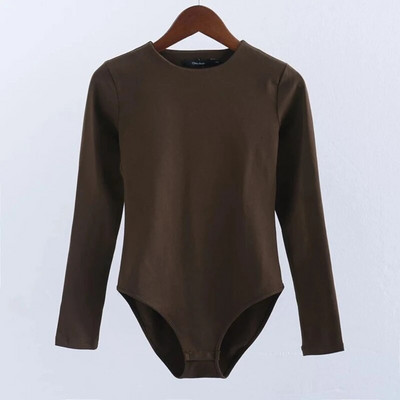 Šliaužtinukai Moteriški kombinezonai su bikini apačia su snapeliu užsegimais, tamprūs, ploni, ilgomis rankovėmis O formos iškirpte.