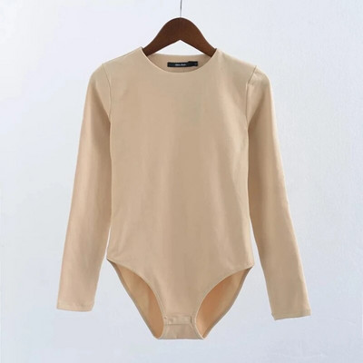 Šliaužtinukai Moteriški kombinezonai su bikini apačia su snapeliu užsegimais, tamprūs, ploni, ilgomis rankovėmis O formos iškirpte.