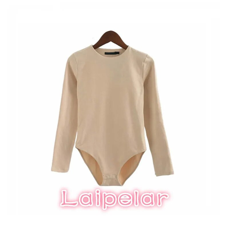 Šliaužtinukai Moteriški kombinezonai su bikini apačia su snapeliu užsegimais, tamprūs, ploni, ilgomis rankovėmis O formos iškirpte.