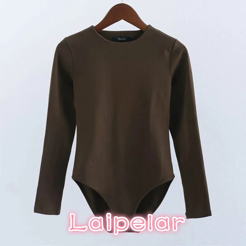 Šliaužtinukai Moteriški kombinezonai su bikini apačia su snapeliu užsegimais, tamprūs, ploni, ilgomis rankovėmis O formos iškirpte.