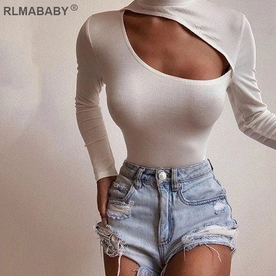 Skinny Chest Hollow Out Sexy Moter Bodysuit Solid O Neck Ilgomis rankovėmis Bodycon Rompers Kombinezonas Kasdienis paprastas baltas Bodysuit Top