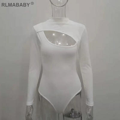 Izdilis krūtis, dobs, seksīgs sieviešu bodijs ar vienkrāsainu kaklu, garām piedurknēm Bodycon Rompers kombinezons ikdienišķs, balts bodija augšdaļa