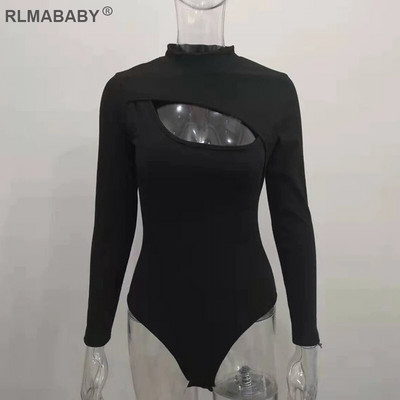 Izdilis krūtis, dobs, seksīgs sieviešu bodijs ar vienkrāsainu kaklu, garām piedurknēm Bodycon Rompers kombinezons ikdienišķs, balts bodija augšdaļa