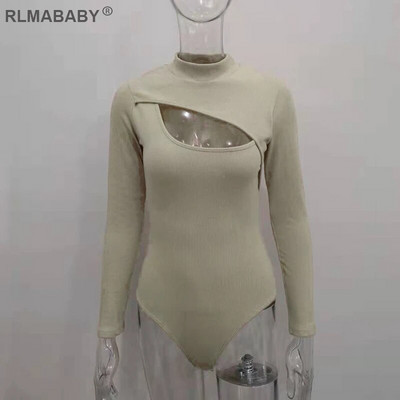 Izdilis krūtis, dobs, seksīgs sieviešu bodijs ar vienkrāsainu kaklu, garām piedurknēm Bodycon Rompers kombinezons ikdienišķs, balts bodija augšdaļa