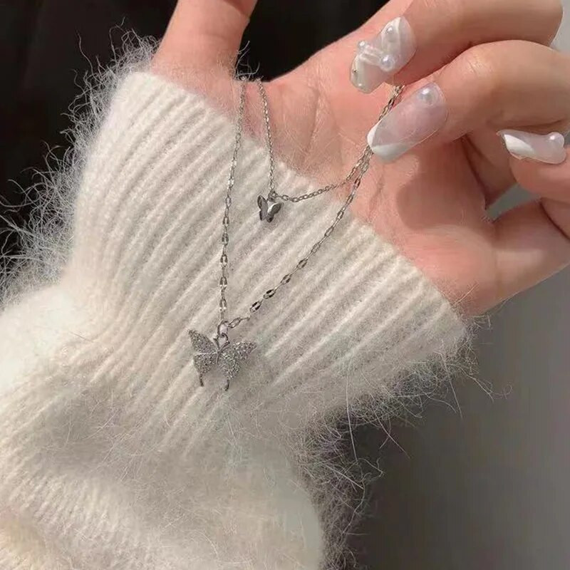 Γυαλιστερό κολιέ πεταλούδα Γυναικείο εκλεκτό κολιέ με αλυσίδα κλείδας διπλής στρώσης Κοσμήματα για γυναικείο δώρο