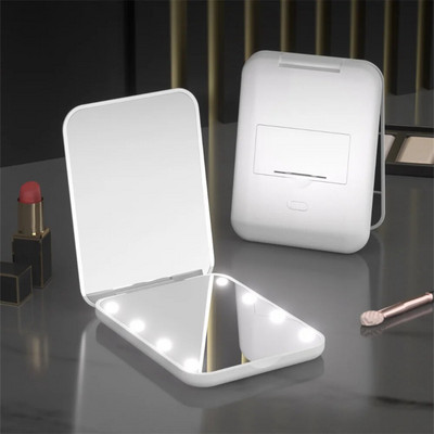 Oglindă de machiaj cu LED Model de baterie Mărire de 2 ori Oglindă cu două fețe Oglindă cosmetică pliabilă portabilă de mână 8 margele de lampă