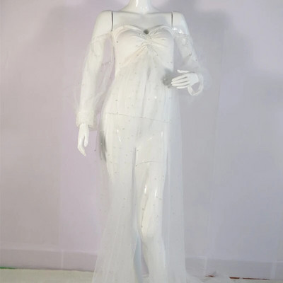 2023. gada jauna grūtniecēm, mežģīņu sieta vilkšanas kleita, seksīga slidena, plecu šķelto perlamutra gara kleita fotografēšanai ar balstu, halāts Grossesse