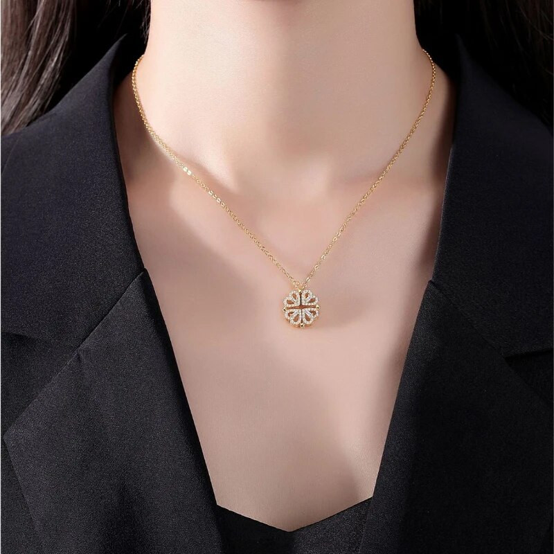 Romantikus szerencsés négylevelű lóhere nyakláncok nőknek finomított cirkónia szerelem szív medál nyaklánc rozsdamentes acél ékszerek