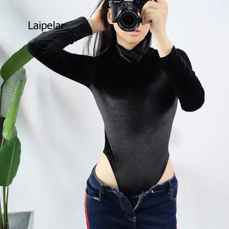 Téli női garbó nyakú velúr body melegen tartó őszi, hosszú ujjú, alap fekete alsónadrág Alkalmi vékony, rövid jumpsuit