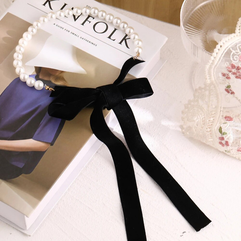 Punk ilgas platus juodas aksominis kaspinas kaklelio peteliškės imituoti perlų karoliukai žavingi apykaklės karoliai gotikiniai papuošalai Naujųjų metų dovanos