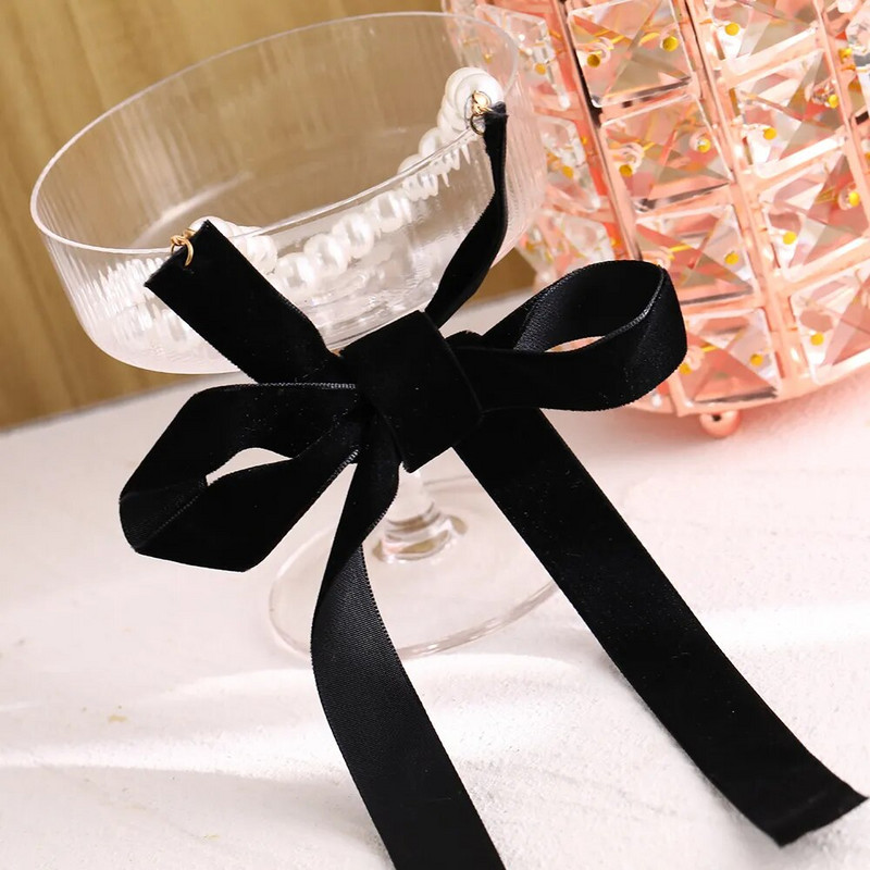 Punk ilgas platus juodas aksominis kaspinas kaklelio peteliškės imituoti perlų karoliukai žavingi apykaklės karoliai gotikiniai papuošalai Naujųjų metų dovanos