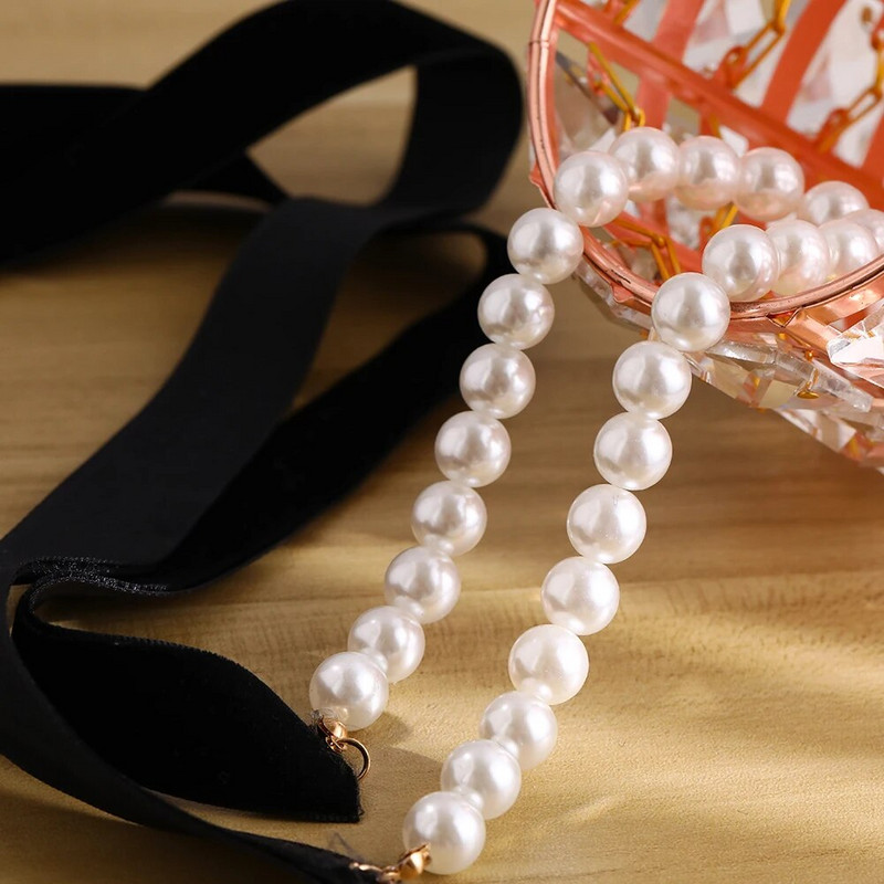 Punk ilgas platus juodas aksominis kaspinas kaklelio peteliškės imituoti perlų karoliukai žavingi apykaklės karoliai gotikiniai papuošalai Naujųjų metų dovanos