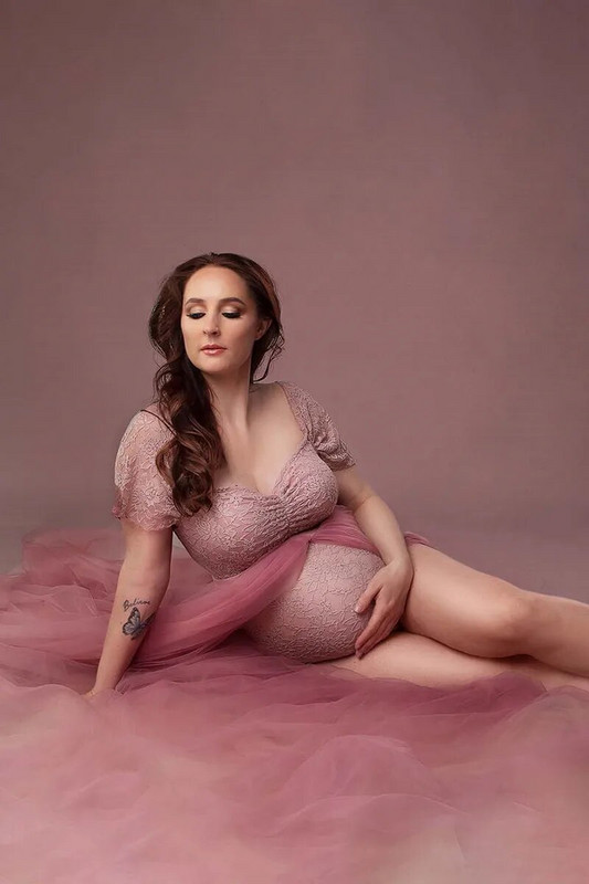 Kismama fotózás Tüll ruhák Body Outfit Terhes nő Fényképezés Oldalt hasított tüll csipkével Hosszú repülő ruha