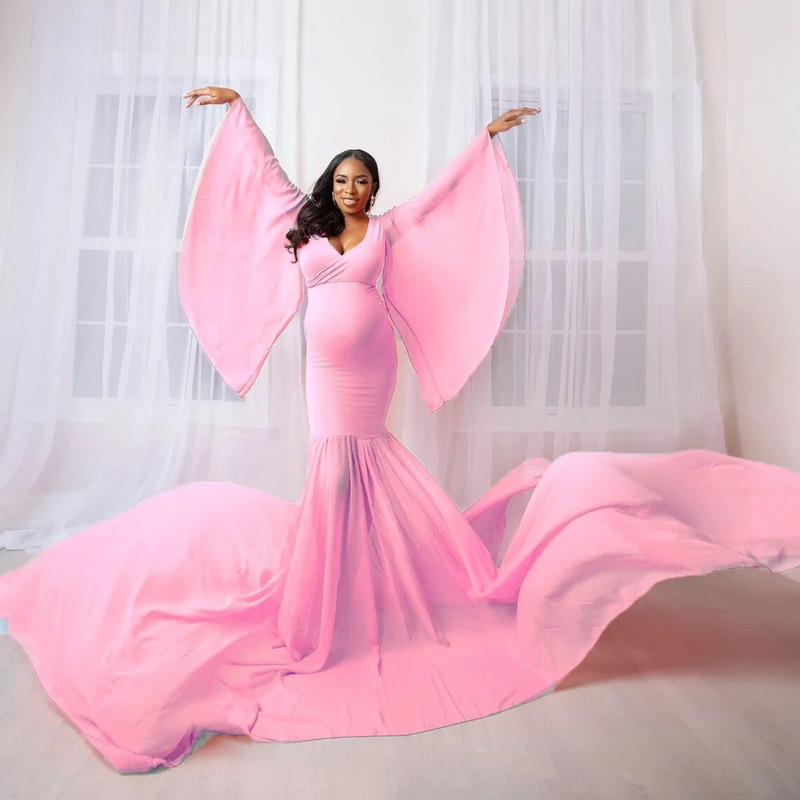 Garām piedurknēm Maxi Grūtnieču fotografēšanas kleitas Fotosesija Pieguļoša kleita Eleganta kleita grūtniecēm Grūtnieču kleita ar garu asti