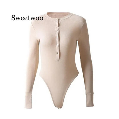 Női bézs fekete hosszú ujjú bodyk gombok karcsú nadrágok női szexi V nyakú kötött bodyk