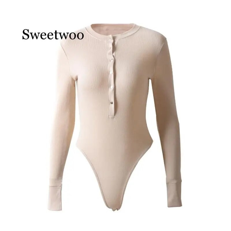 Női bézs fekete hosszú ujjú bodyk gombok karcsú nadrágok női szexi V nyakú kötött bodyk