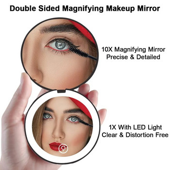 Μίνι φορητός αναδιπλούμενος καθρέφτης ταξιδιού Φωτιστικός καθρέφτης μακιγιάζ LED Συμπαγής καθρέφτης 10X μεγέθυνση 2 όψεων Beauty Makeup Στρογγυλός καθρέφτης