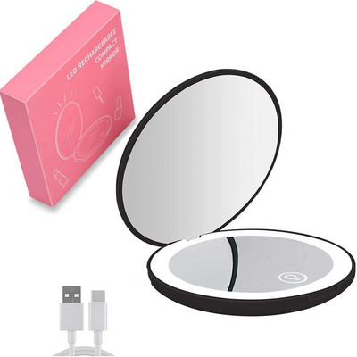 Μίνι φορητός αναδιπλούμενος καθρέφτης ταξιδιού Φωτιστικός καθρέφτης μακιγιάζ LED Συμπαγής καθρέφτης 10X μεγέθυνση 2 όψεων Beauty Makeup Στρογγυλός καθρέφτης