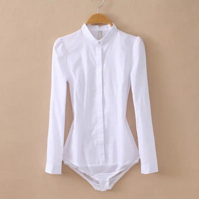 Elegants sieviešu bodijs ar garām piedurknēm, baltas blūzes sievietēm, biroja darba krekls, moderns kombinezons korejiešu dizaina rombos 2020. gada rudens