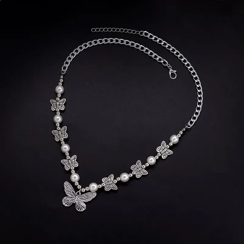 2 vnt antikvariniai sidabru dengti karoliai vintažinio stiliaus drugelių serijos rankų darbo styginiai iš dirbtinių perlų trumpo megztinio grandinėlė