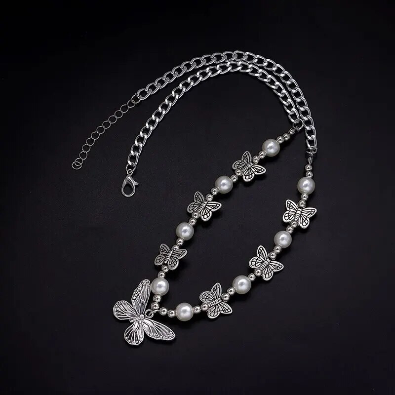 2 vnt antikvariniai sidabru dengti karoliai vintažinio stiliaus drugelių serijos rankų darbo styginiai iš dirbtinių perlų trumpo megztinio grandinėlė