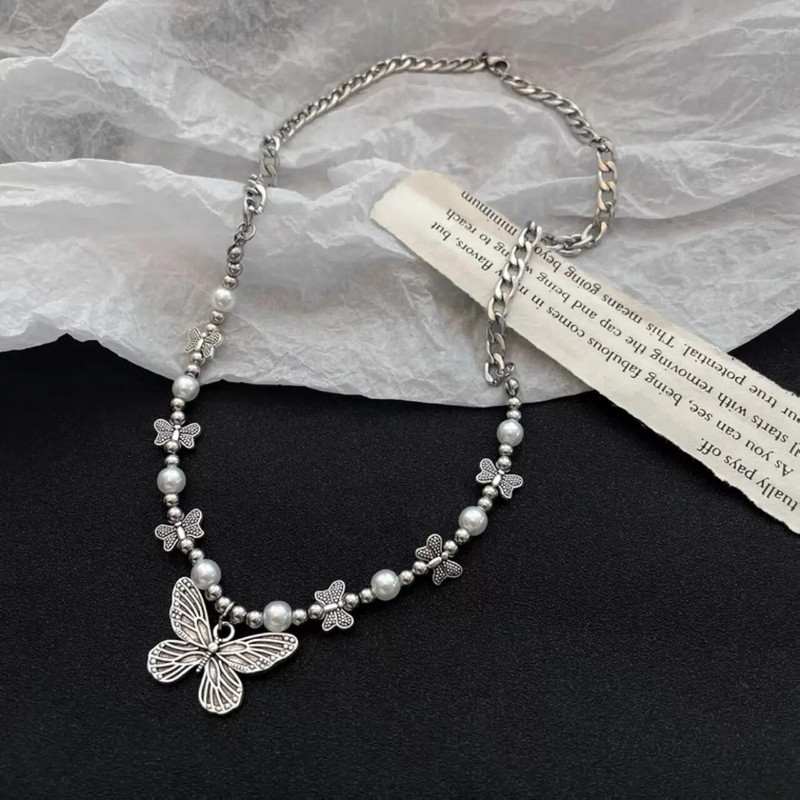 2 vnt antikvariniai sidabru dengti karoliai vintažinio stiliaus drugelių serijos rankų darbo styginiai iš dirbtinių perlų trumpo megztinio grandinėlė