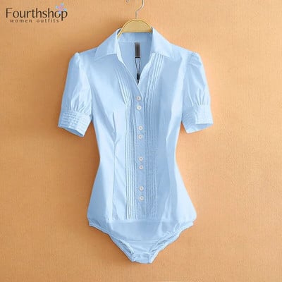 Monos Mujer Body Femme Fashion 2023 Vasaros trumpomis rankovėmis Mėlyni Body Moterys Moteriški Darbo Marškiniai Biuro moteriškos palaidinės palaidinės