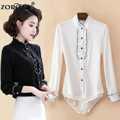 Pavasara šifons eleganti sieviešu bodiji ar garām piedurknēm biroja dāmu pogām Blūzes Vintage krekli Sieviešu topi Camisas Para Mujer