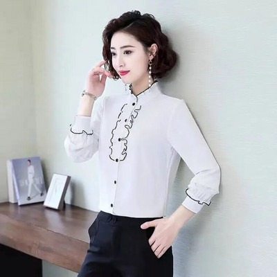 Pavasara šifons eleganti sieviešu bodiji ar garām piedurknēm biroja dāmu pogām Blūzes Vintage krekli Sieviešu topi Camisas Para Mujer