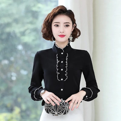 Pavasara šifons eleganti sieviešu bodiji ar garām piedurknēm biroja dāmu pogām Blūzes Vintage krekli Sieviešu topi Camisas Para Mujer