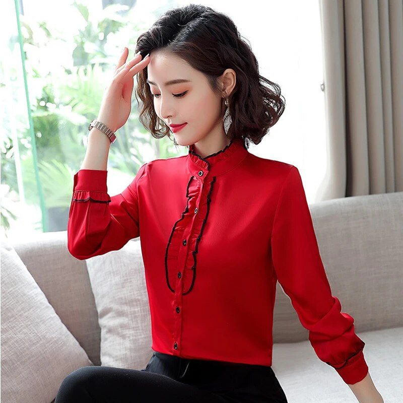 Pavasara šifons eleganti sieviešu bodiji ar garām piedurknēm biroja dāmu pogām Blūzes Vintage krekli Sieviešu topi Camisas Para Mujer