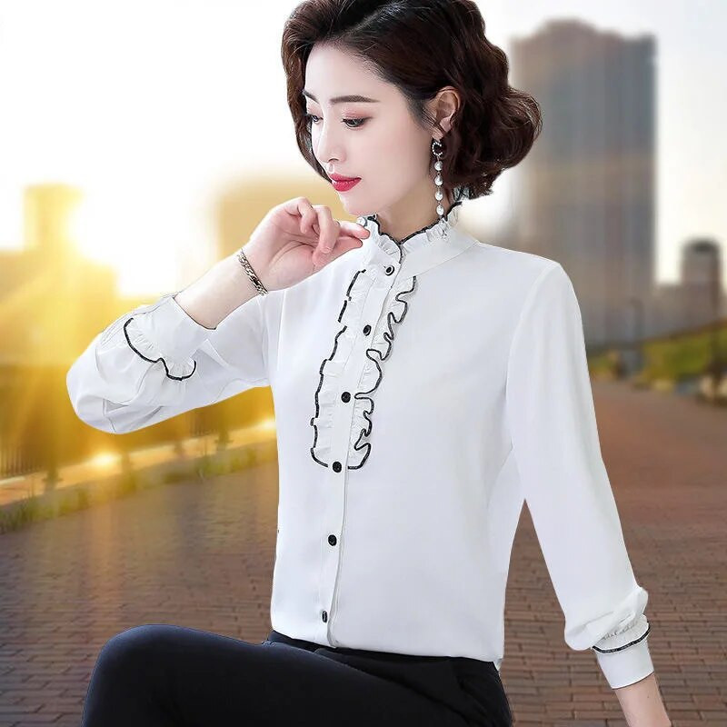 Pavasara šifons eleganti sieviešu bodiji ar garām piedurknēm biroja dāmu pogām Blūzes Vintage krekli Sieviešu topi Camisas Para Mujer