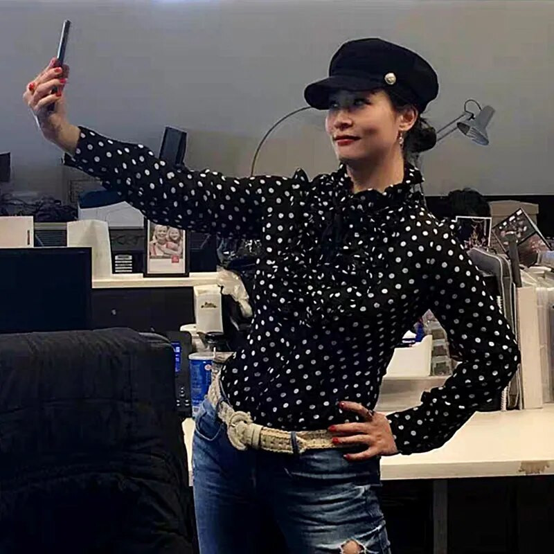 Novi elegantni bodi na točkice za 2023., ženske modne hlače s volanima i dugim rukavima, poslovni radni kombinezoni, uredske ženske bluze, košulje