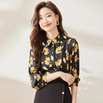 Черни щампи Ризи с дълъг ръкав за жени Бодита Пролет Нов дизайн Модни официални ретро шифонени блузи Работни блузи за офис дами