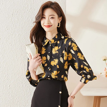 Черни щампи Ризи с дълъг ръкав за жени Бодита Пролет Нов дизайн Модни официални ретро шифонени блузи Работни блузи за офис дами