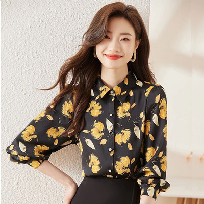 Crne košulje dugih rukava s printom za žene Proljeće Novi dizajn Moda Svečane retro šifonske bluze Radne majice za uredske dame