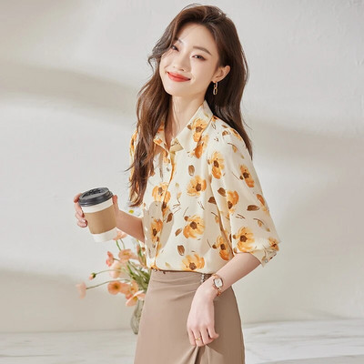 Crne košulje dugih rukava s printom za žene Proljeće Novi dizajn Moda Svečane retro šifonske bluze Radne majice za uredske dame