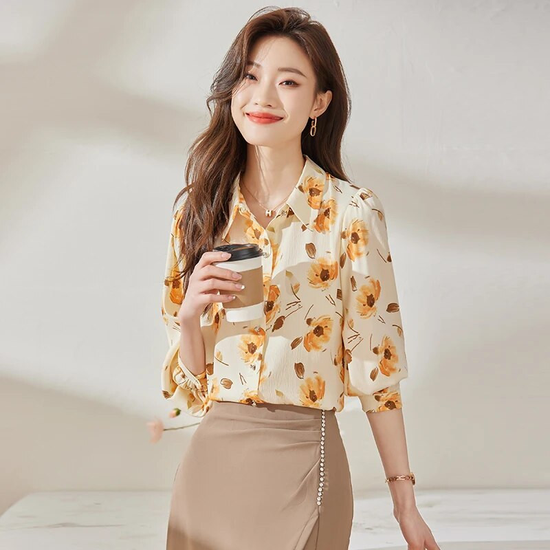 Crne košulje dugih rukava s printom za žene Proljeće Novi dizajn Moda Svečane retro šifonske bluze Radne majice za uredske dame