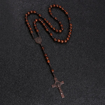 KOMi Христос Исус Дървени мъниста 8 мм Броеница от мъниста Кръст Висулка Тъкано въже Верига Колие Религиозни православни молещи се бижута R-192
