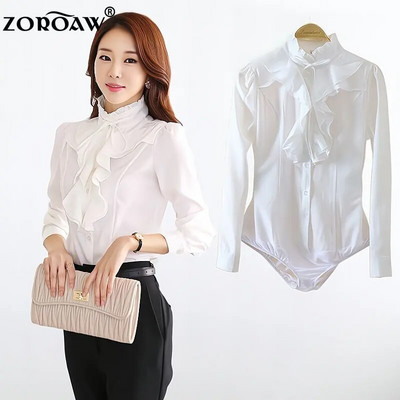 Пролетна шифонена офис дамска риза с копчета Корейски ризи с дълъг ръкав и волани Дамски ризи Бели ретро дамски топове Camisas Mujer