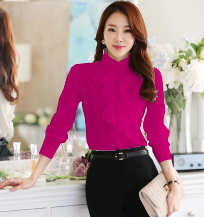 Proljetna šifonska uredska ženska košulja na kopčanje Korejska ženska košulja dugih rukava s volanima Bijele vintage ženske majice Camisas Mujer