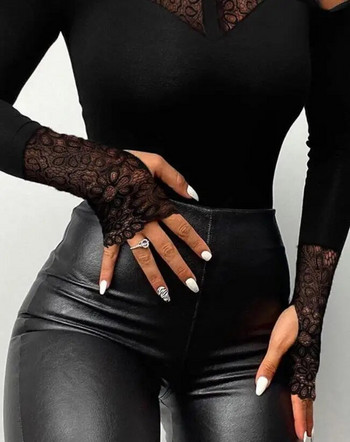 Дамски гащеризон Лятна мода 2022 г. Контрастно дантелено дълъг ръкав Секси студено тесно ежедневно боди с рамене