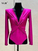 VGH, čvrsti nabori, seksi bodi za žene s V izrezom, dugim rukavima i visokim strukom, uski temperamentni bodi Ženska modna odjeća