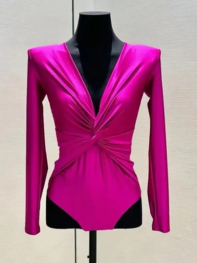 VGH, čvrsti nabori, seksi bodi za žene s V izrezom, dugim rukavima i visokim strukom, uski temperamentni bodi Ženska modna odjeća