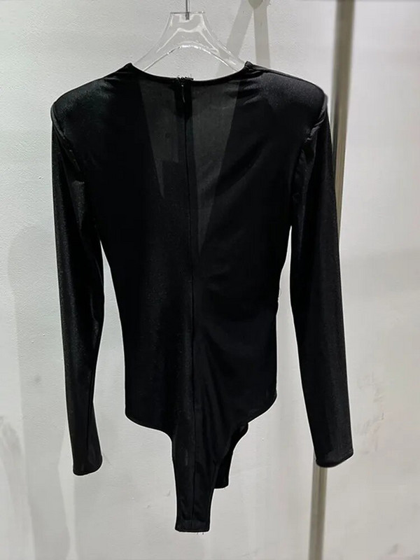 VGH, čvrsti nabori, seksi bodi za žene s V izrezom, dugim rukavima i visokim strukom, uski temperamentni bodi Ženska modna odjeća