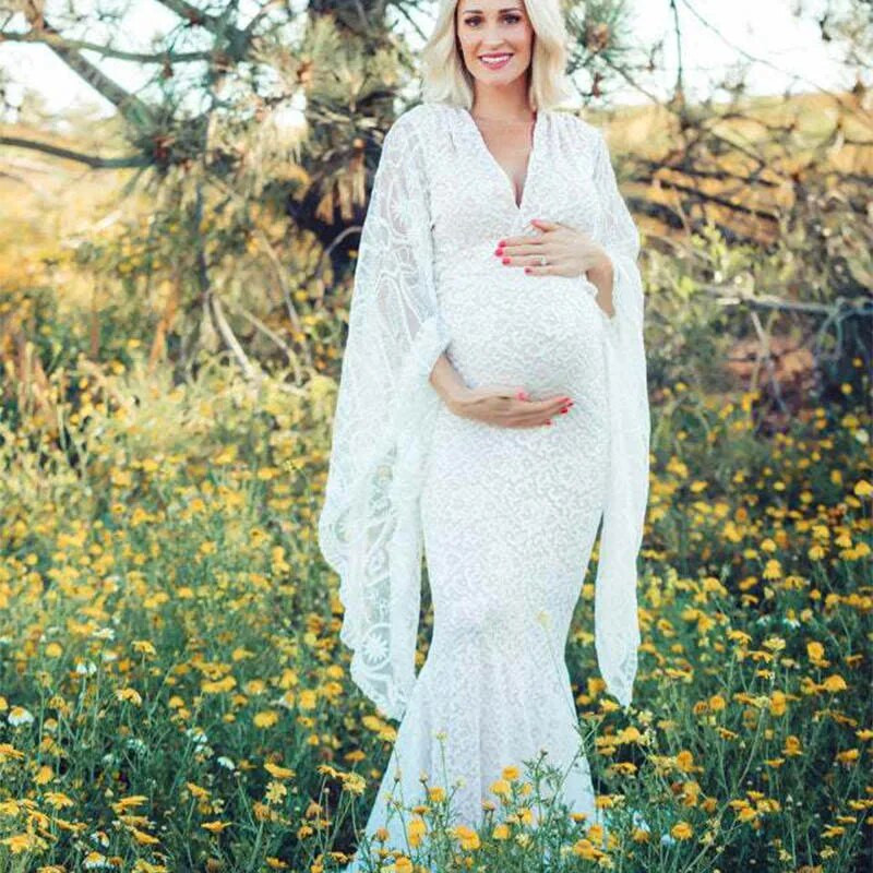 Fényképes ujjú csipke terhességi ruhák Fotók Terhesülés Fotók V nyakú szexi Bodycon földig érő fehér maxi hosszú ruha