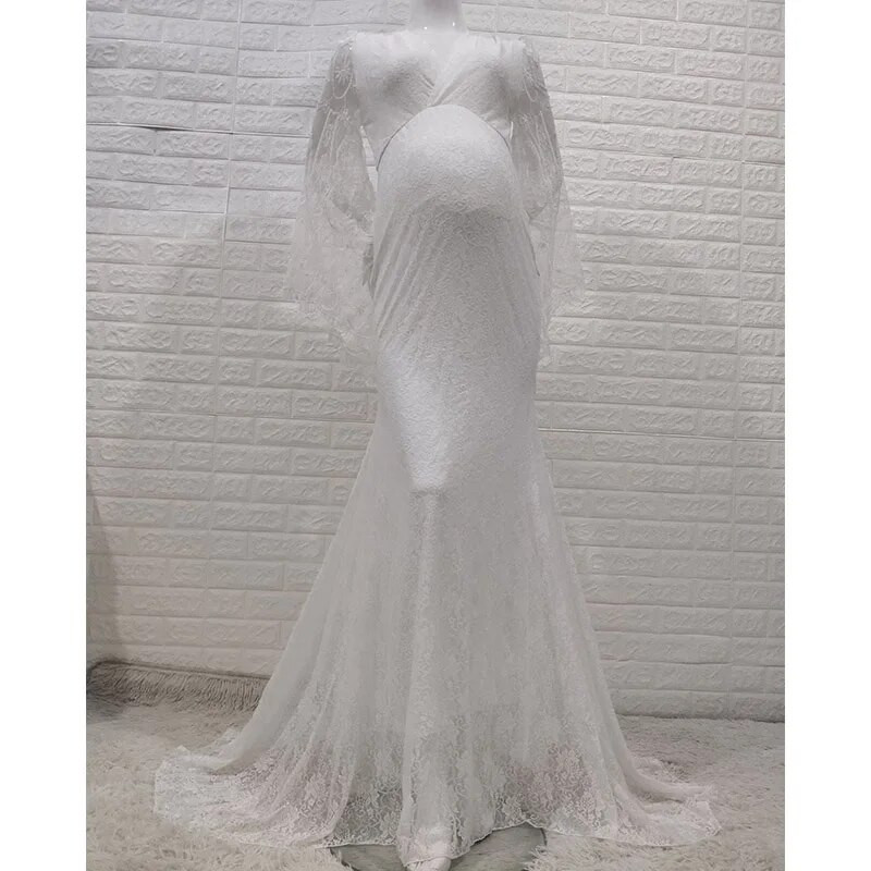 Fényképes ujjú csipke terhességi ruhák Fotók Terhesülés Fotók V nyakú szexi Bodycon földig érő fehér maxi hosszú ruha