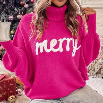 Božićni pleteni pulover za 2023. Ženski dolčevit šišmiš rukavi Veseli pulover Ženski modni novogodišnji crveni džemperi s vezom